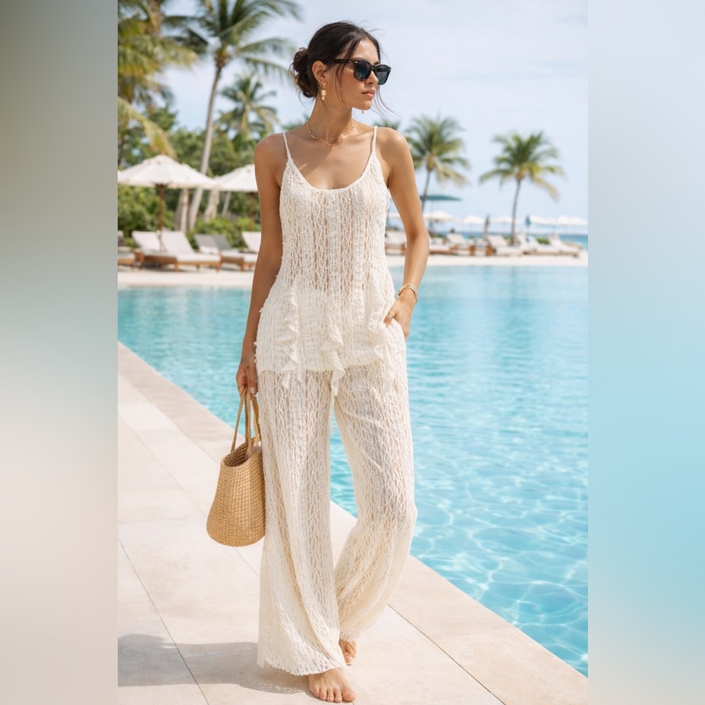 NWT ZARA Lace Texture Scalloped Top & Textured Lace Pants Set – Ecru, Size S